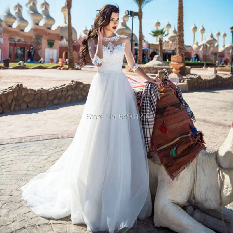 

Потрясающее Свадебное платье с высоким воротником и рукавом три четверти, белые свадебные платья-трапеции из тюля с аппликацией, свадебное ...