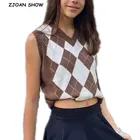 Вязаный свитер-жилет в шотландскую клетку в стиле 90-х, бежевого и зеленого цветов, Классный джемпер без рукавов с V-образным вырезом в Корейском стиле, Y2K, вязаная одежда