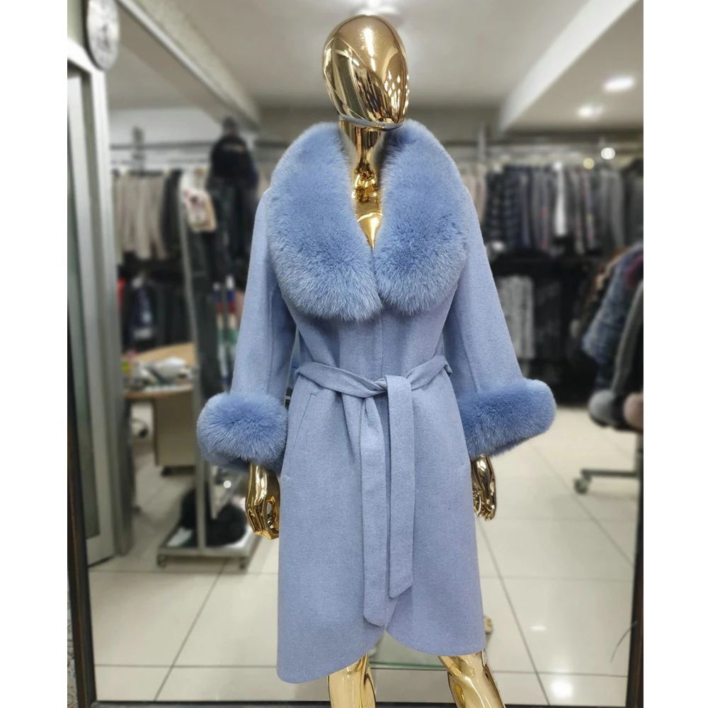 

Light Blue Long Wool Blends Coat with Fox Fur Lapel Collar Woman Natural Fur Overcoat Winter New Genuine Fox Fur Cashmere Coats