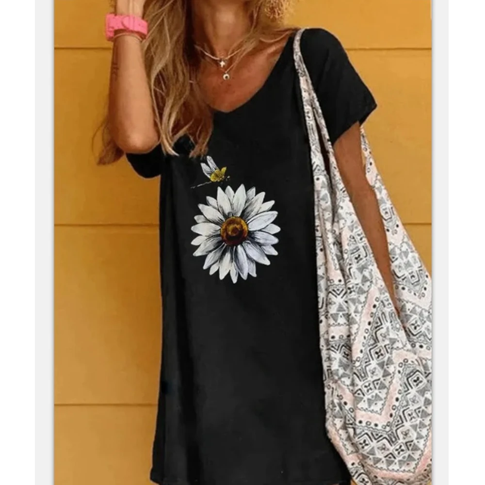 

Summer Tshirt Women Fashion Print Short Sleeve V-neck Long Plus Size Polyester Loose Casual Womens Tees Lugentolo