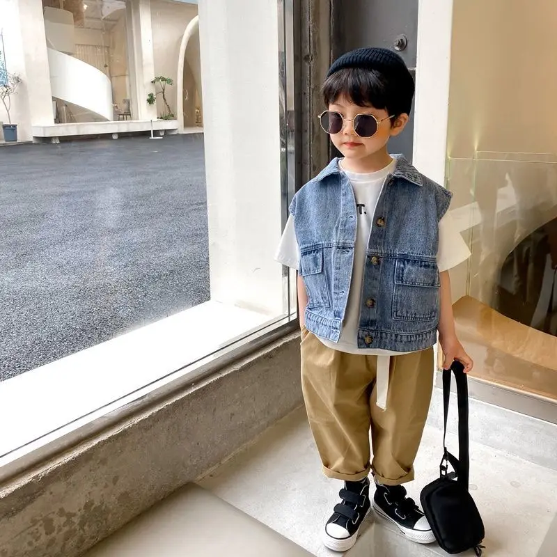 

Duorers' 2021 new children's spring summer denim vest Chinese big boy handsome top children Korean version of thin section