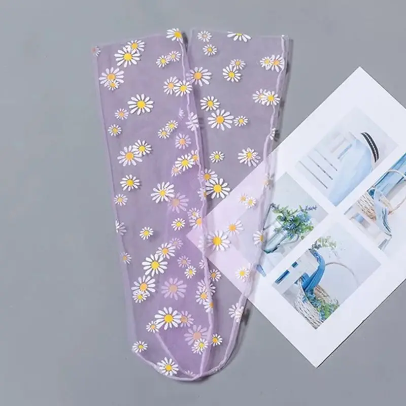 

Korean Women Transparent Mesh Loose Ankle Socks Sweet Daisy Sunflower Print Candy Color See Through Tulle Harajuku Mid Tube Hosi