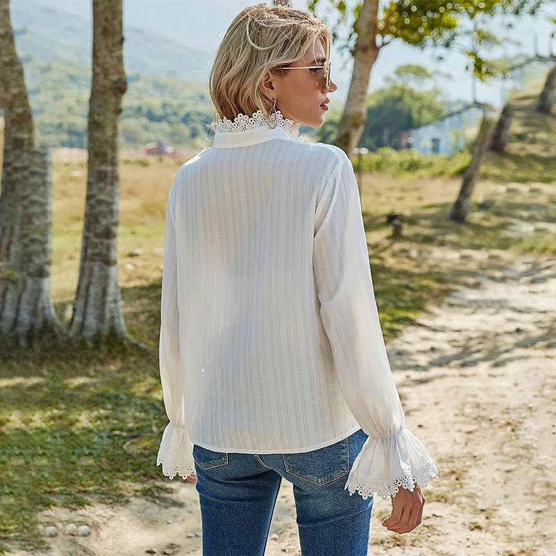 

Flare Sleeve Hollow Out Lace Elegant Shirt White Sexy Button Vintage Blouse Turtleneck Work Office Ladies Female Casual Top