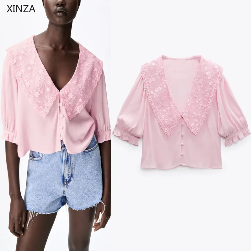 

2021 ZA женская летняя розовая укороченная блузка с вышивкой, платье с пышной юбкой и без рукава, топ с отворотом женственные с винтажными пуго...