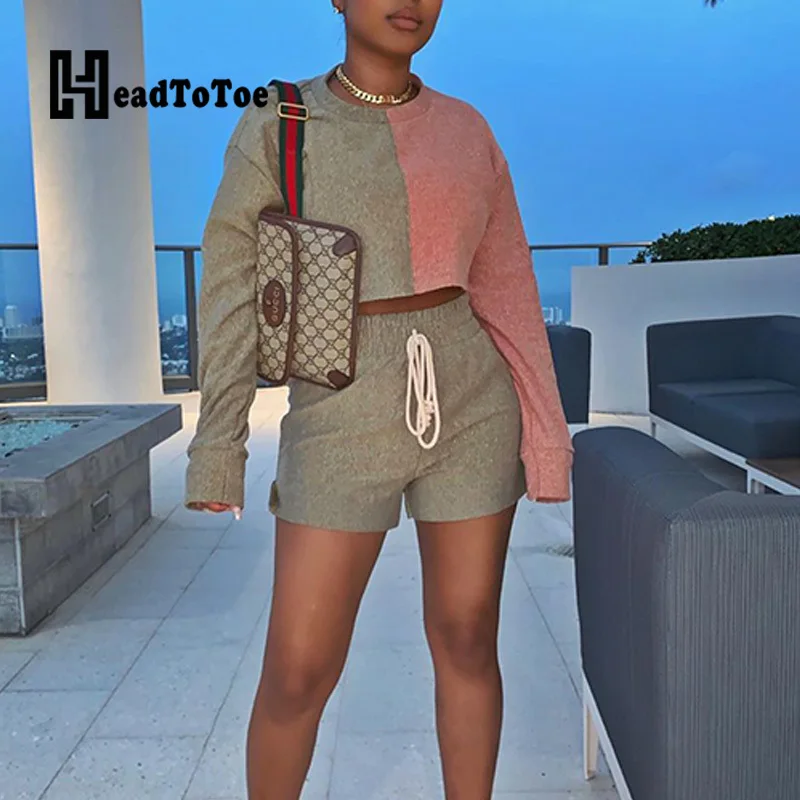 

Sweet Casual Colorblock Patchwork Two Pieces Set Women High Waist Full Sleeve Round Neck Above Knee 2 Piece Set Women
