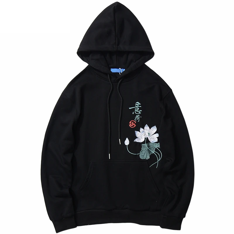 

Men Hip Hop Streetwear Hoodie 2021 Pullover Chinese Kanji Lotus Embroidery Sweatshirt Floral Casual Harajuku Tops Sweat Shirt