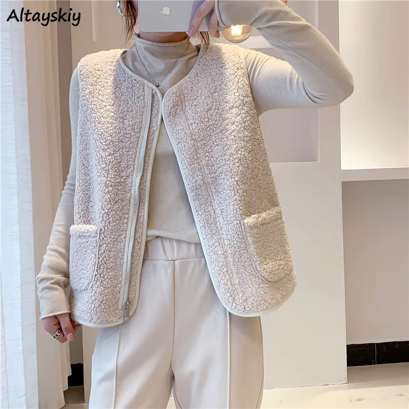 

Women Lambswool Vest Zipper Loose Temperament Office Lady Outwear Waistcoats Fashionable Solid Pockets Leisure Females Clothing