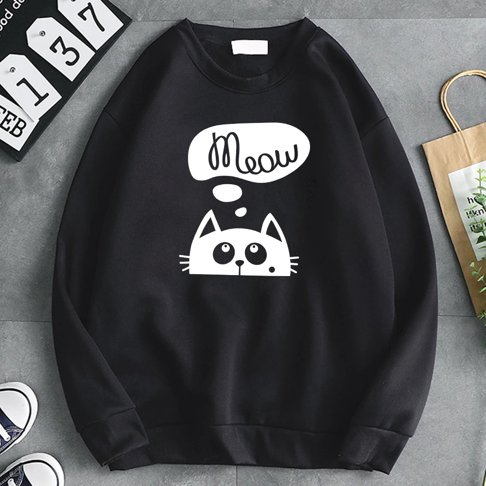 

Sweatshirts Women's Cute Thinking Cat Cartoon Graphics Printed Sweatshirt Females Oversized Casual O-Neck Top Young Female Style