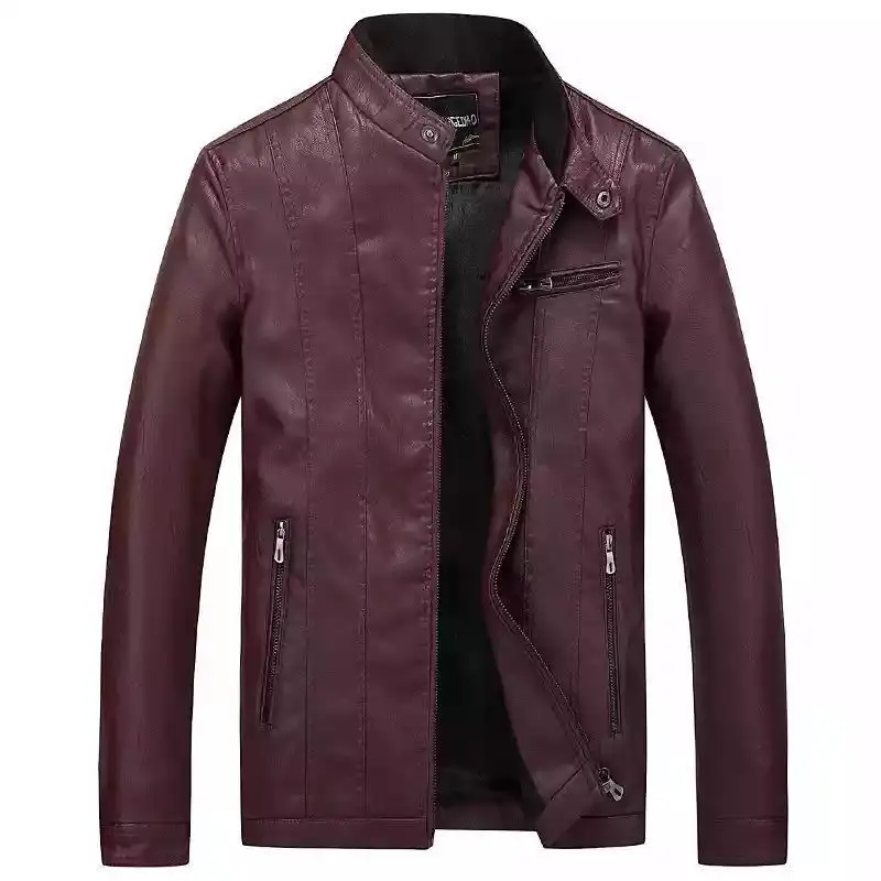 

2020 Men's Autumn and Winter New Stand Collar Slim Warm Fleece-Lined Leather Jacket Youth Fashion Stitching PU Leather Jacket