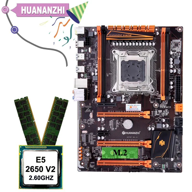 Billig HUANANZHI X79 Deluxe Motherboard Set Für Gaming Computer HALLO-SPEED M.2 NVMe SSD Slot CPU Xeon E5 2650 V2 RAM 16G(2*8G) REG ECC