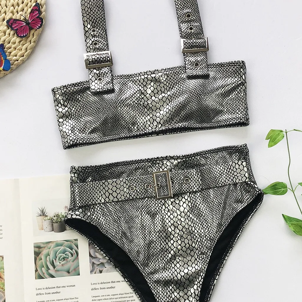 Бикини бандо текстура печать с ремнем Пряжка стринги купальник 2 шт. набор
