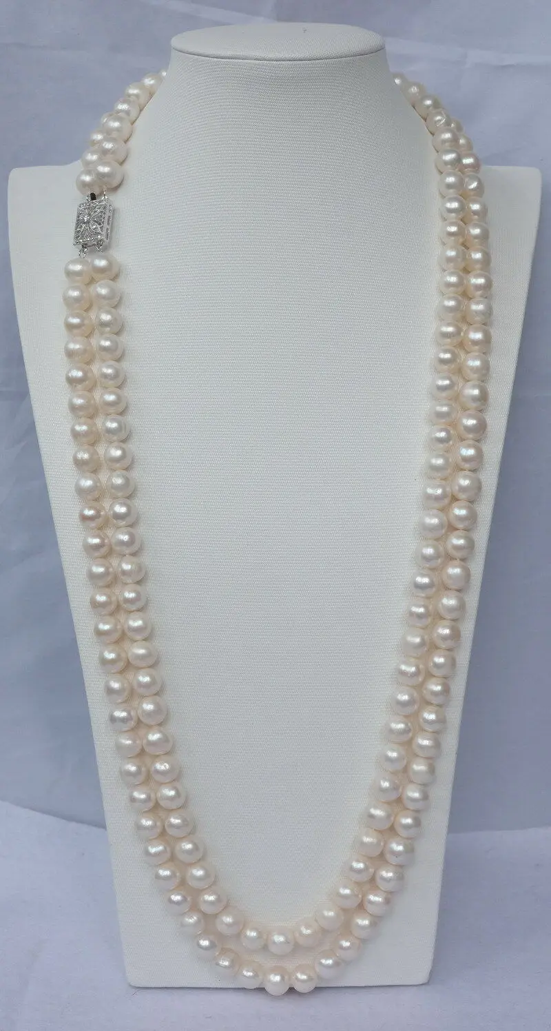 Hand knotted 2strands 9-10mm white freshwater pearl necklace sweater chain long 76-81cm fashion jewelry