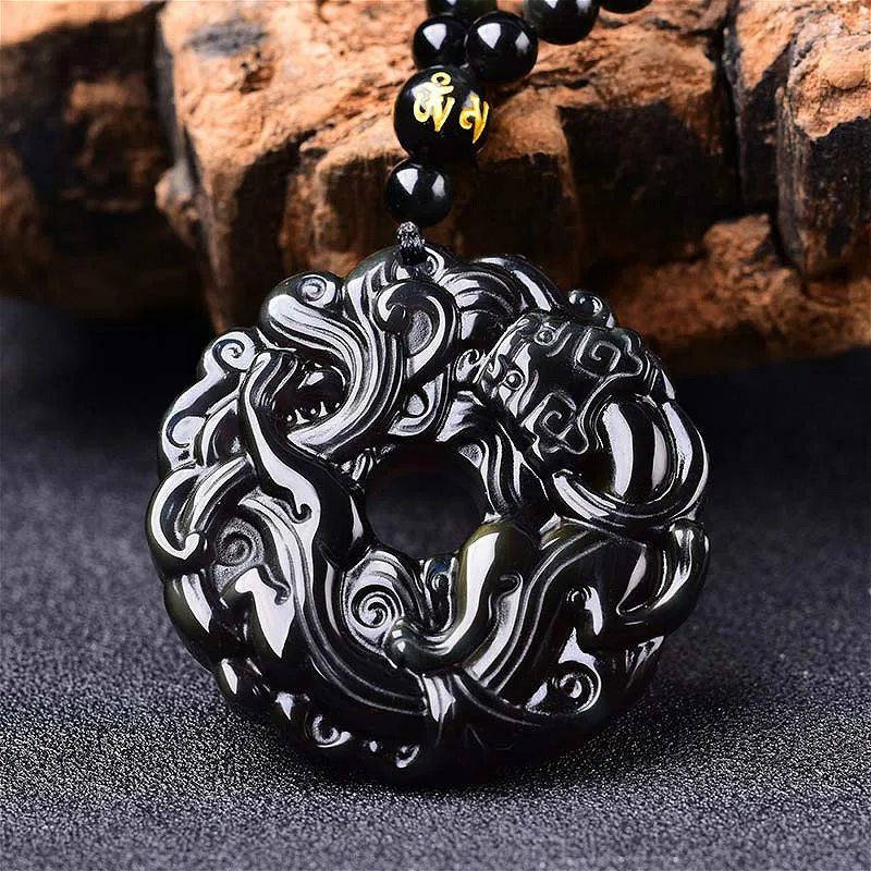 Ожерелье из натурального черного обсидиана с подвеской в виде тигра модное