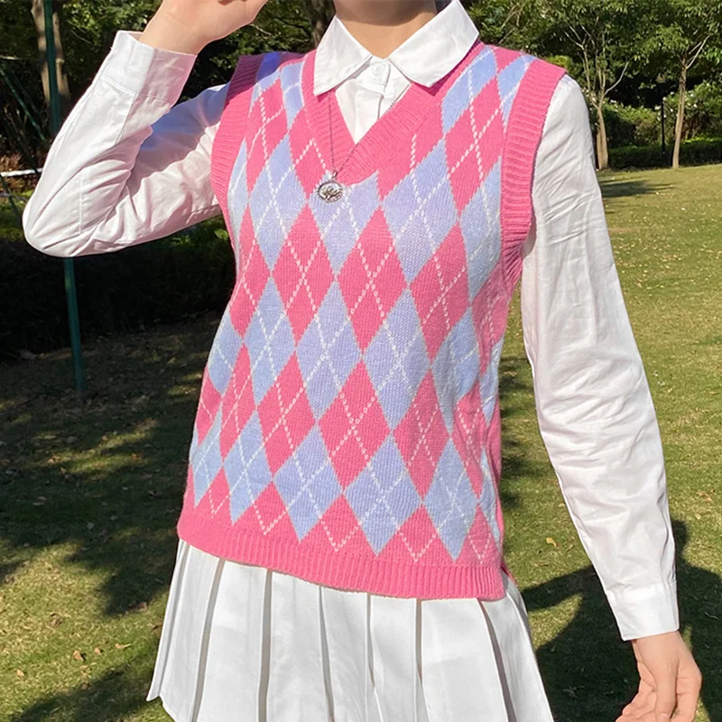 Осенний клетчатый вязаный жилет для женщин без рукавов с v образным вырезом