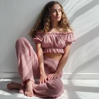 restve ruffle pajamas for women sexy off shoulder short sleeve crap tops solid sleepwear sets with pants cotton female casual