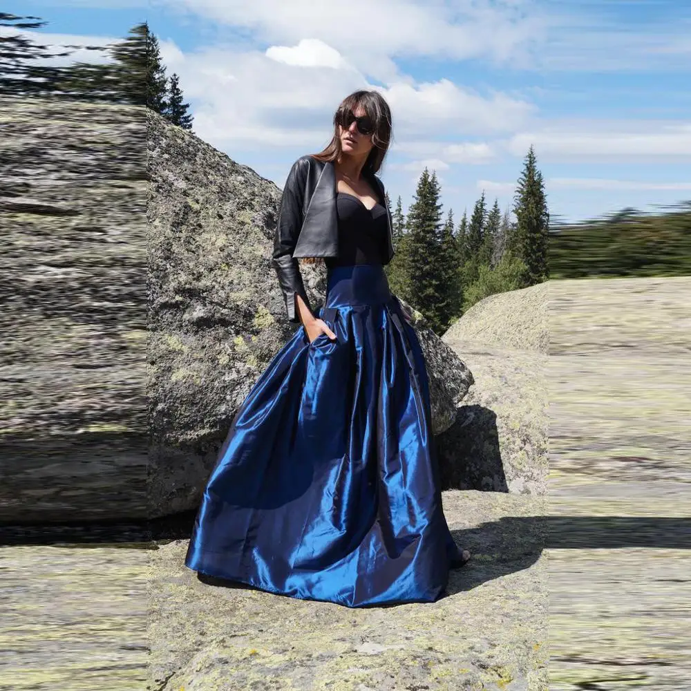 

Navy Blue Long Skirt With Pockets Formal Taffeta Women Skirts Plus Size Formal mujer faldas Party faldas High Waist