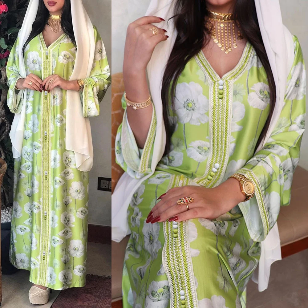 

Floral Boho Abayas Muslim Women Long Dress Turkish Kimono Dubai Evening Gowns 2021 Arabic Oman Islamic Clothing Djellaba Femme