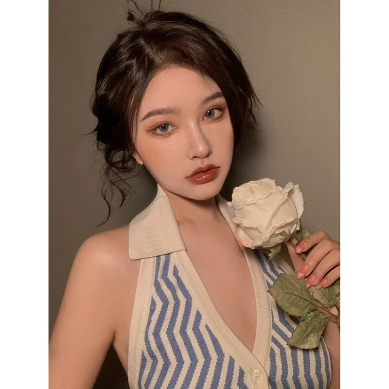 

Summer crop tops women v neck tank top kawaii halter top sexy crop top shirt button up top collared striped vest top sleeveless