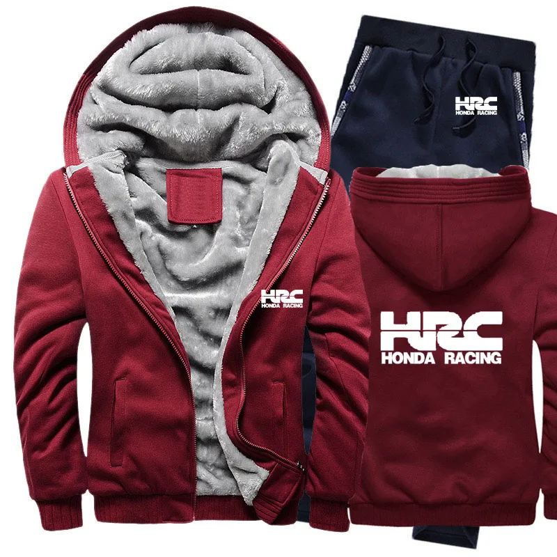 Hoodies Men HRC race motorcycle Car Logo Mens Suit Winter Thicken Warm Fleece Zipper Tracksuit Jacket+Pants sets | Мужская одежда