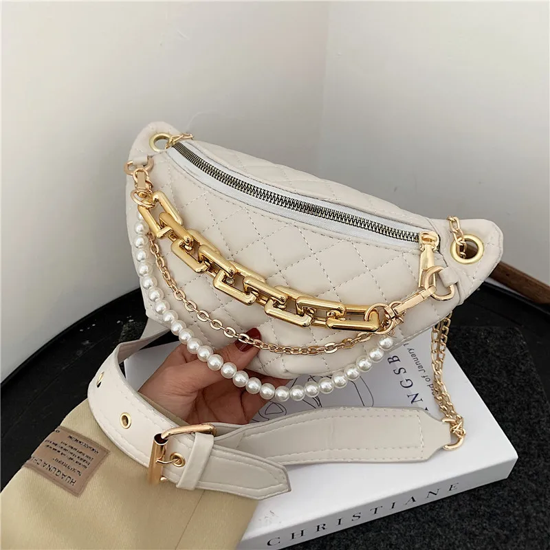 

Diinovivo New Luxury Women Waist Bag Thick Chain Shoulder Crossbody Chest Bag Female Belt Bag Diamond Lattice Brand Bag WHDV1821