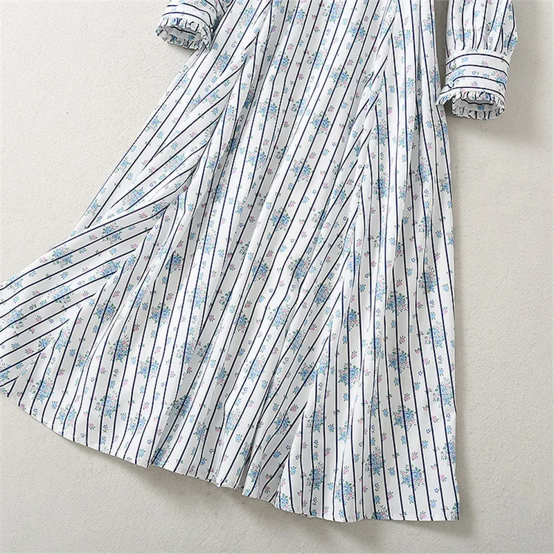

Europe Fashion 2020 New Runway Designers Women Clothes Autumn Long Sleeve Floral Striped Print Midi Holiday Casual Shirt Dress