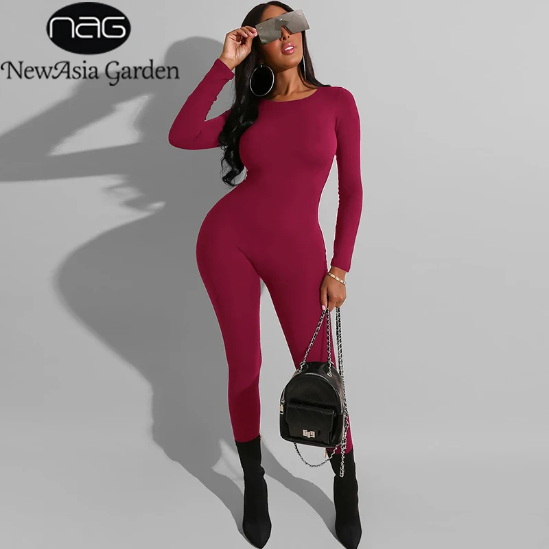 Женский однотонный комбинезон NewAsia с длинным рукавом Облегающий круглым вырезом