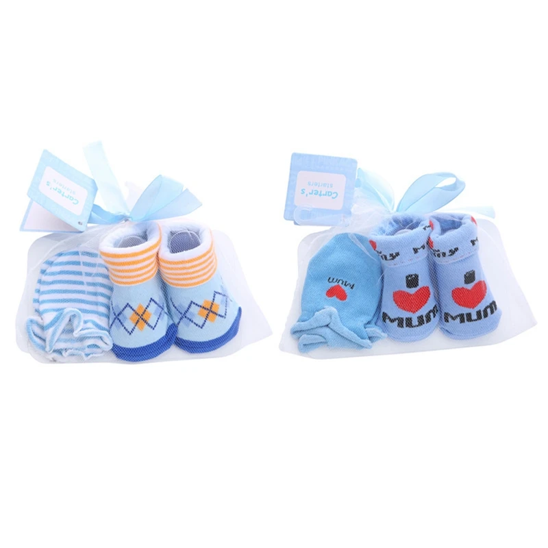Newborn Socks + Anti-grab Gloves Set Cute Cartoon Spring Autumn Baby Striped Dot Cotton For 0-12 Months |
