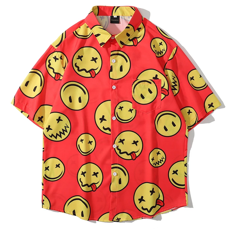 Hip Hop Shirt Men Harajuku Smile Face Print Summer Beach Shirt Pocket Hawaiian Short Sleeve Fashion Tops Streetwear Clothing