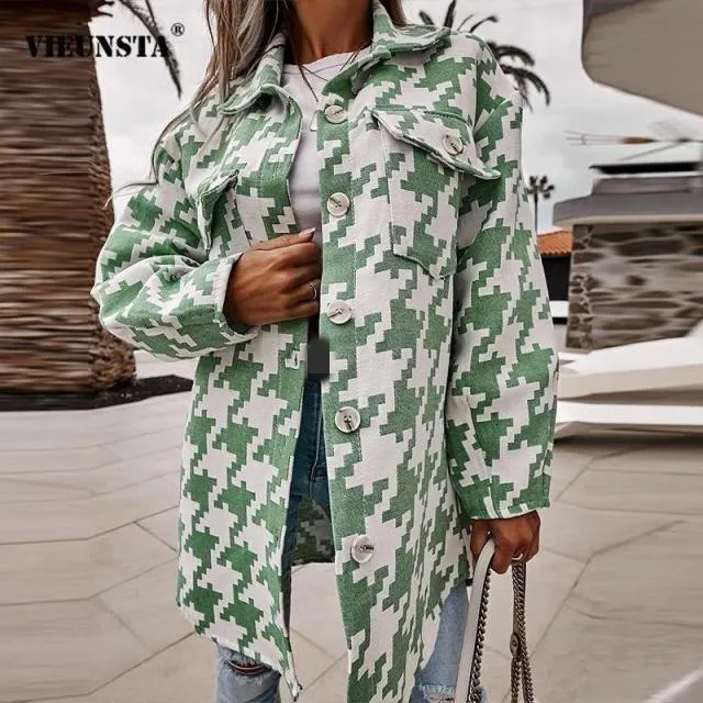 

2021 Autumn Plaid Houndstooth Women's Coat Loose Long Sleeve Pocket Midi Female Coats Fashion Streetwear Casual Ladies Outerwear