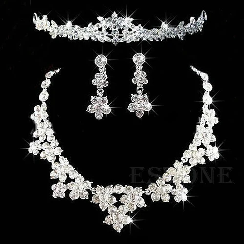 

Elegant Rhinestone Jewelry Set Necklace Earrings Tiara Crown Prom Wedding Bridal