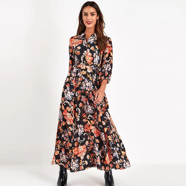 

Vintage Floral Print Maxi Dress Women Boho Three Quarter Sleeve Long Dress Turn Down Collar Casual Shirt Dresses Robe