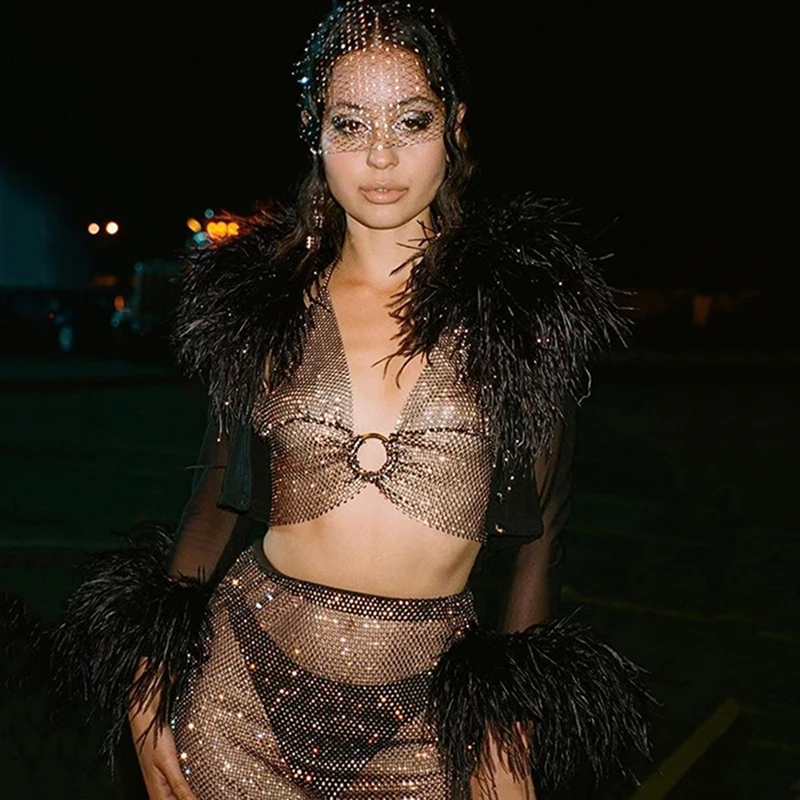 Женский блестящий комплект из 2 предметов прозрачный укороченный топ без рукавов