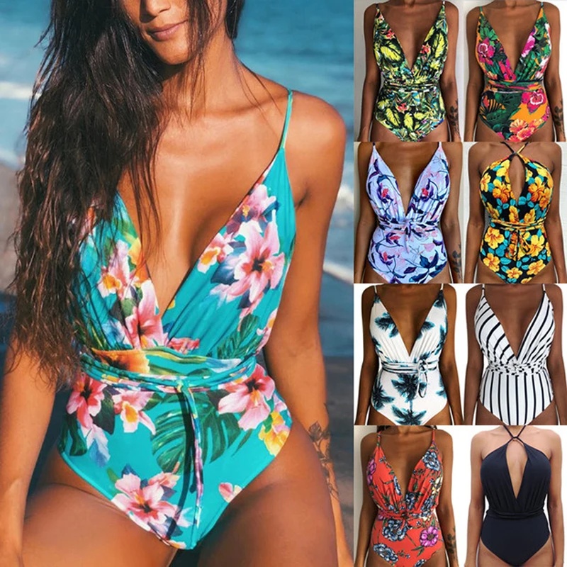 Bikini 2020 New Women Sexy Print Brazilian One Piece Swimsuit Floral Retro Thong High Waist Bodysuit Backless Cut Swimwear |