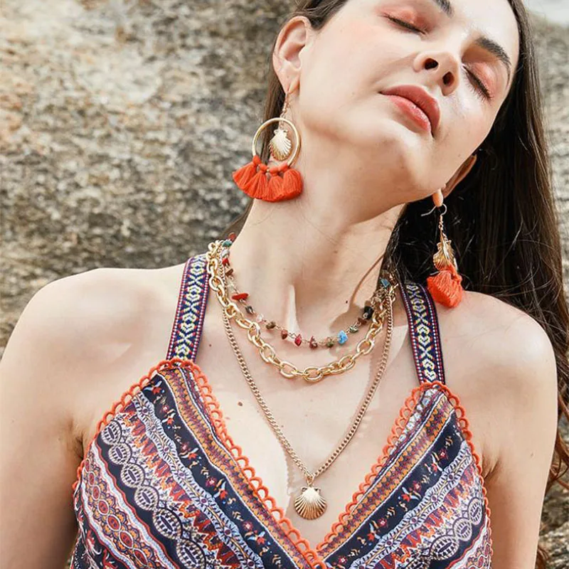 Модные женские серьги + ожерелье набор из хлопчатобумажной нити кисточки в виде