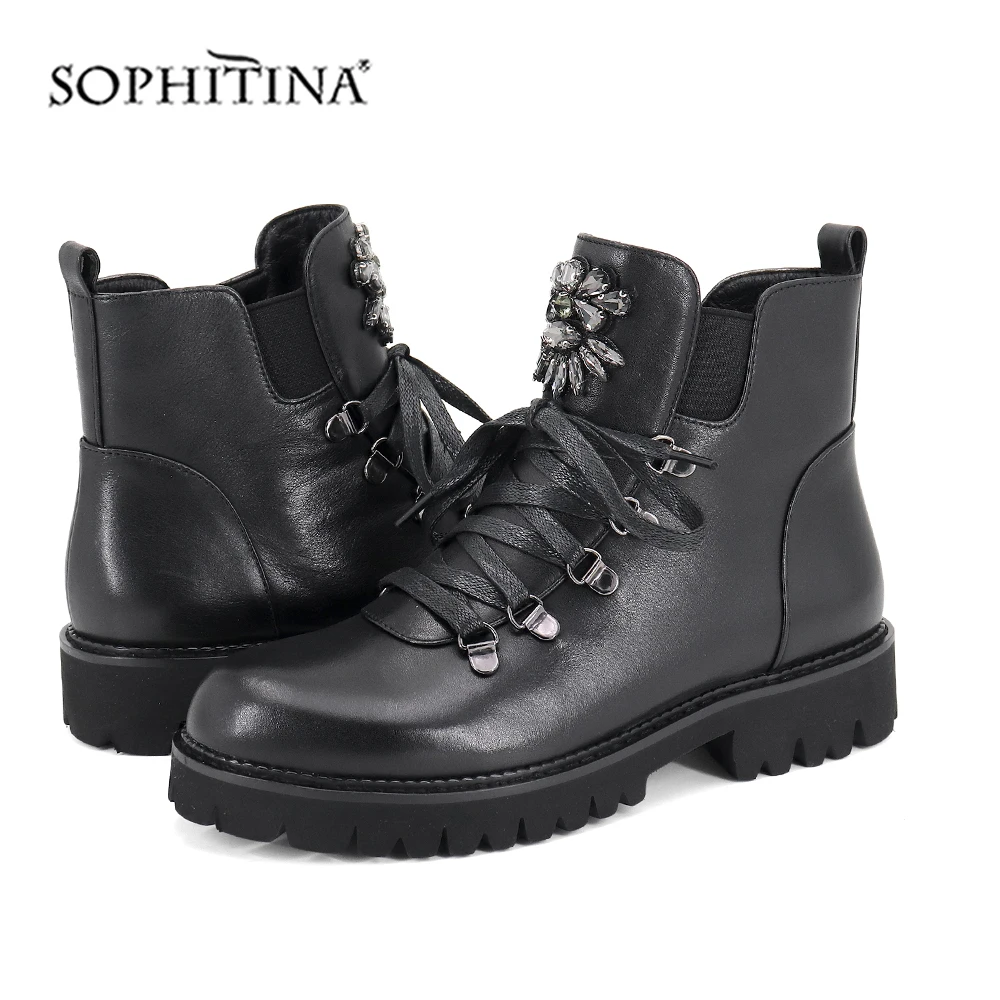 Женские ботинки со стразами SOPHITINA однотонные с круглым носком на шнуровке