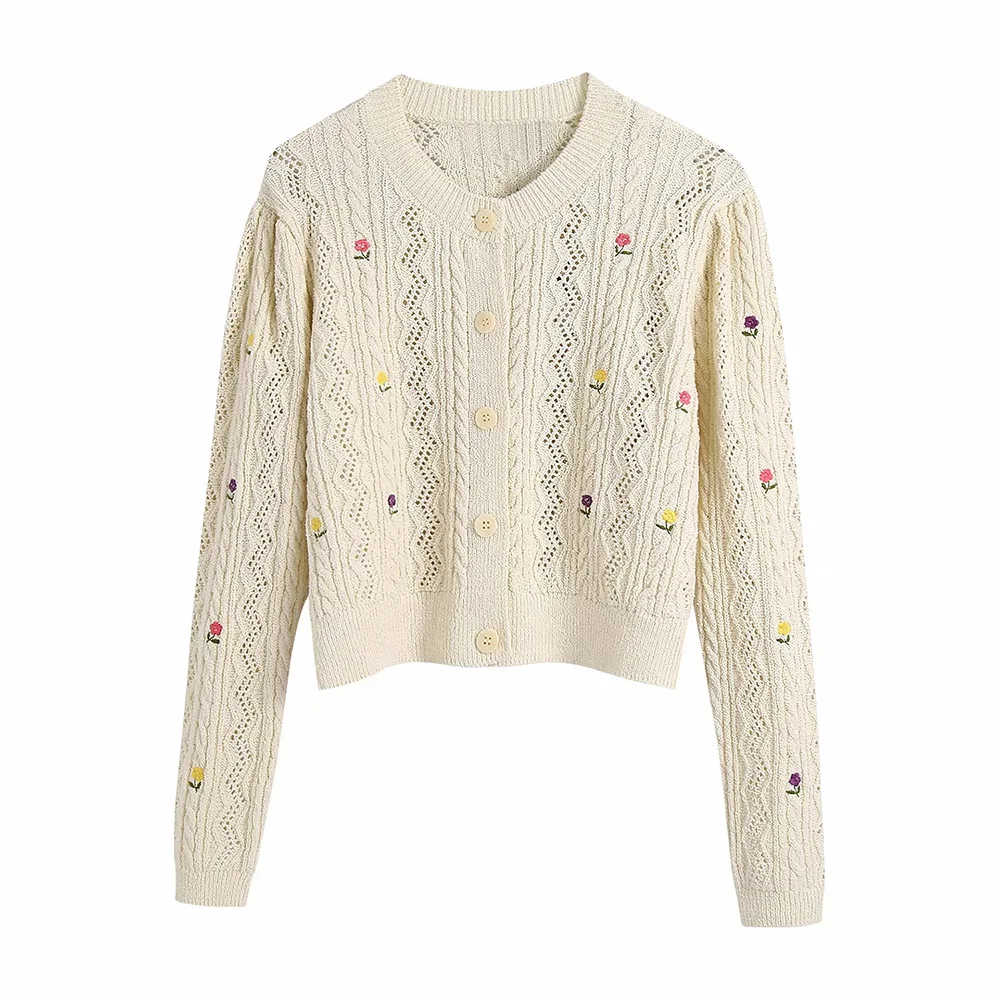 

New Summer Women Vintage Knitted Flower Embroidery Sweater Girl Sweet Cute Knitted Cardigan Female O-Neck Short Top Cardigan