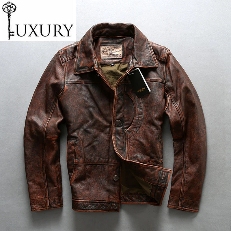 

Мужская винтажная мотоциклетная куртка, коричневый однобортный жакет из натуральной воловьей кожи, повседневная куртка, бесплатная достав...