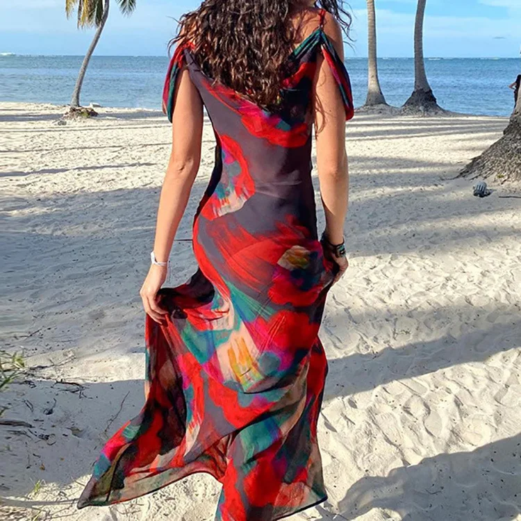 

Sexy 2021 Printed V-neck, drop-shoulder, mid-waist, and fishtail sling sexy low-cut dress
