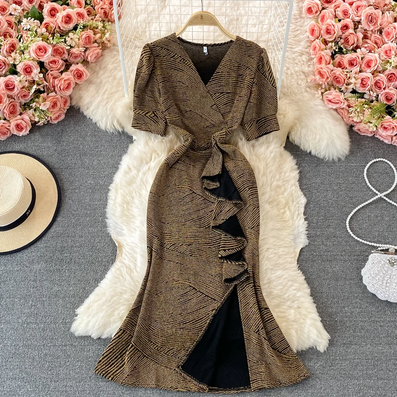 

Evening Dress 2021 Summer New Temperament Bright Silk V-neck Elegant Slim Fit Hip Fishtail Dresses