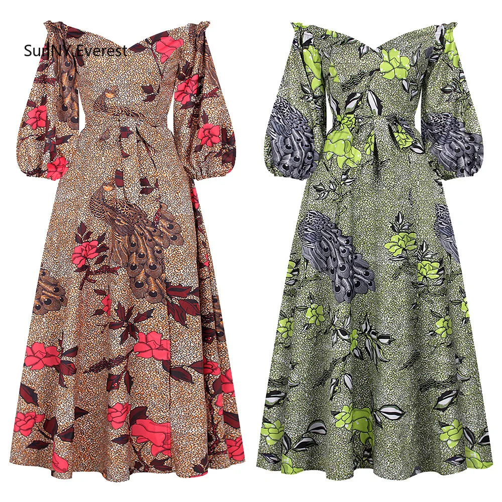 

2021 New Peacock Digital Printing Women's Sexy One-word Collar Lantern Sleeve Dress Fashion Big Swing Skirt Woman Dress Vintage