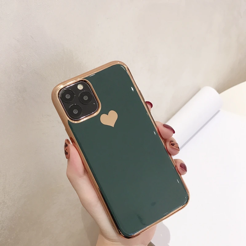 For iPhone 11 Pro XS Max XR 7 8 Plus 6 6s X Midnight Green Plating Love Heart Transparent Soft Silicone TPU Phone Case Cover | Мобильные