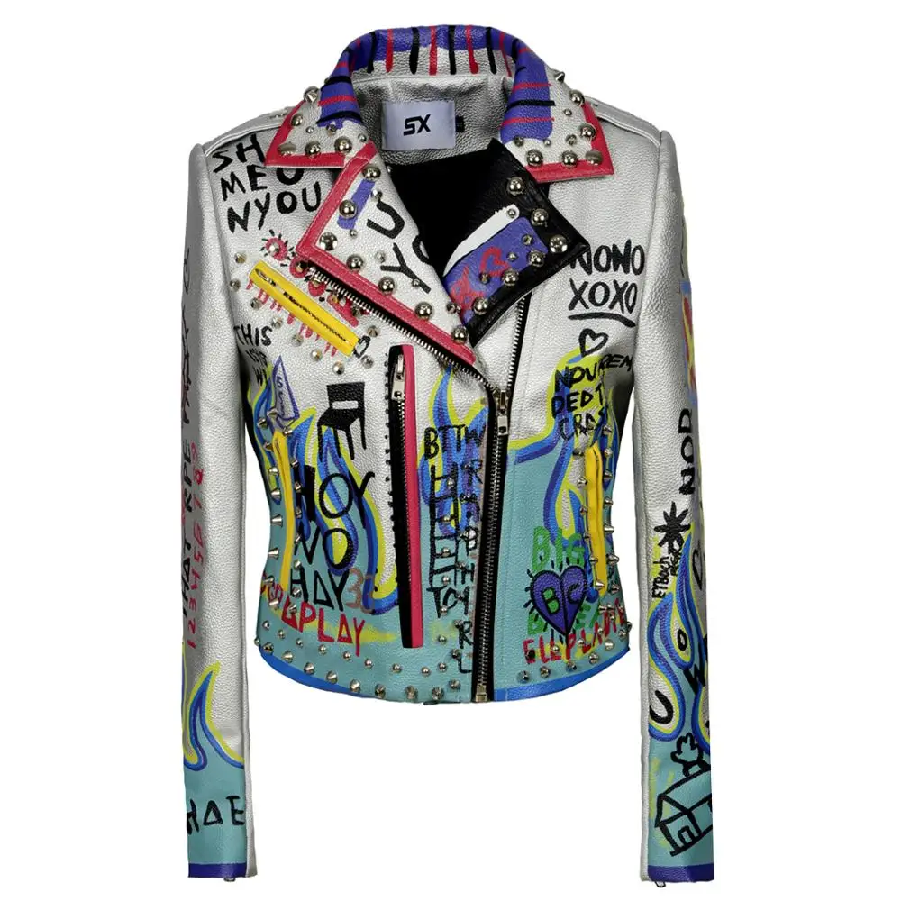 NEW Jacket Women Casual Graffiti Cartoon Printed Studs Coat Long Sleeve Outerwear Fashion Slim Street Autumn Winter Streetwear