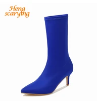 2020 winter new socks boots fashion women stretch fabric pointed toe ankle boots yellow blue red low heels boots plus size shoes