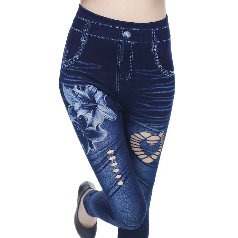 Женские леггинсы с цветочным принтом из искусственного денима Бесшовные