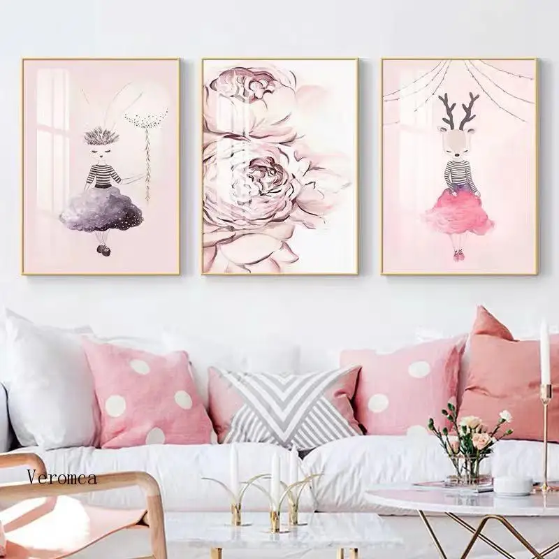 

Modern Minimalist Romantic Pink Big Eared Rabbit Cartoon Girl Canvas Painting Poster Picture Bedroom Kids Room Wall Decor