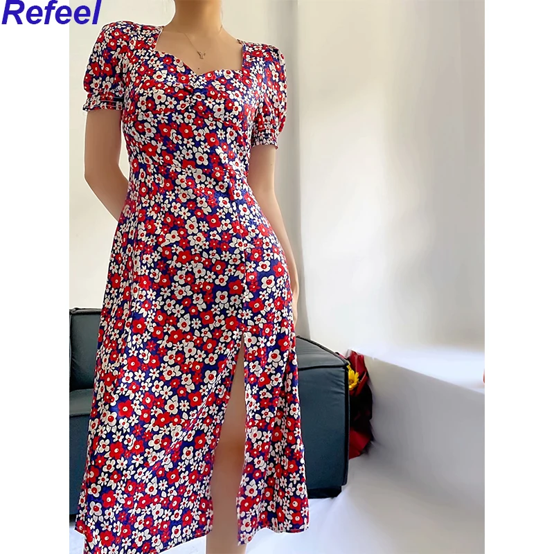 

Женское винтажное платье с цветочным принтом, разноцветное ТРАПЕЦИЕВИДНОЕ платье миди с V-образным вырезом, коротким рукавом и разрезом на ...