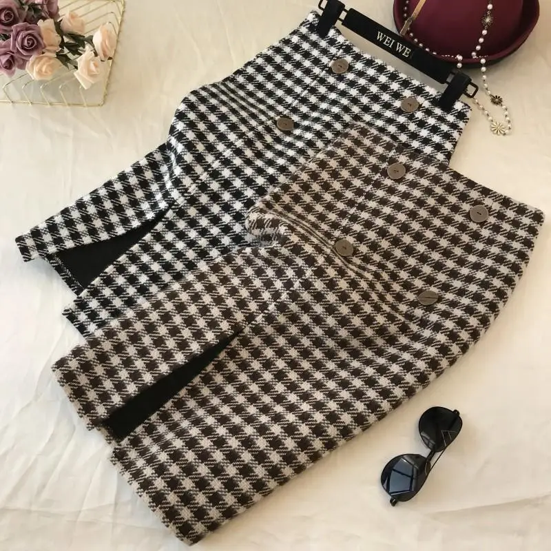 

2021 Vintage Winter Wool Lattice Skirts Women Autumn Double Breasted Korean Bodycon High Waist Elegant Mujer Faldas Y401