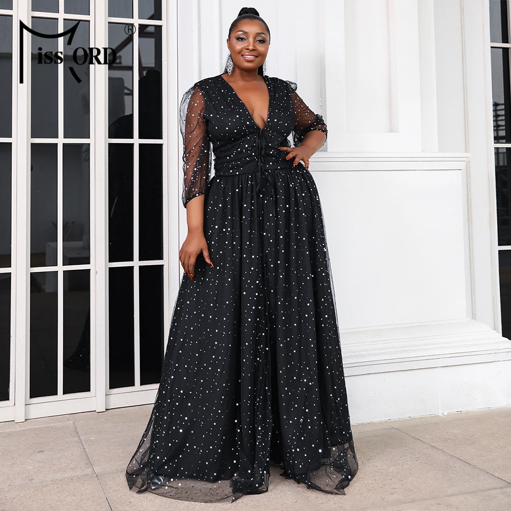 

Missord 2021 Sexy Women Summer Dress Plus Size Deep V Neck Split Thigh Dot Glamorous Black Maxi Ruched Polka Bishop Sleeve