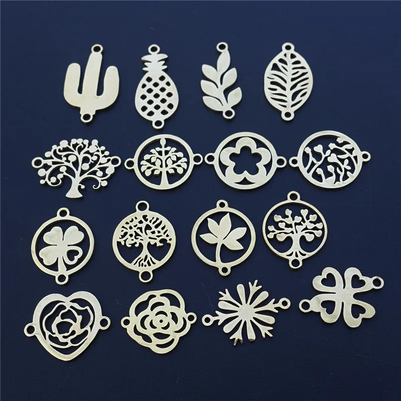 

50 Pieces Plant Gold Stainless Steel Connectors Pineapple Cactus Leaf Lotus Wildflower Lucky Clover Diy Jewelry Making Component