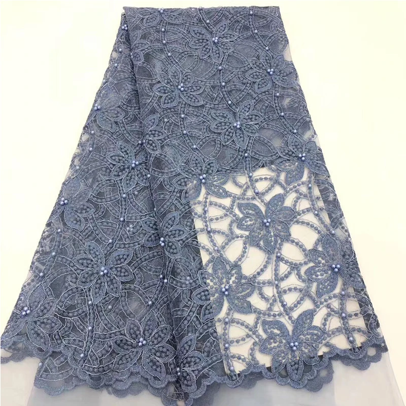 

2020 Latest Lace Fabric Flower Embroidered With Beads African Polyester Fabrics Elegant Temparement For Holiday Sewing